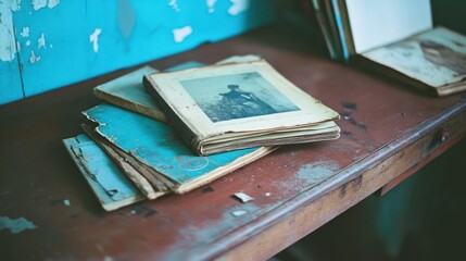 Old books with faded photograph are stacked on wooden table