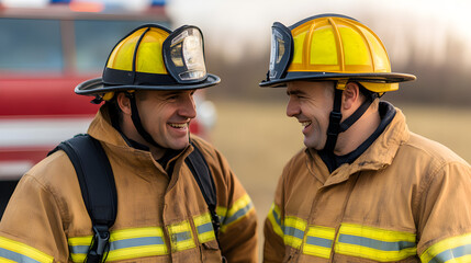 Fototapeta premium Candid brotherhood firefighters laughing together in an outdoor station setting
