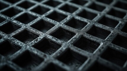 Close-up of a dark, textured grid pattern.  Deep shadows and subtle details create a visually interesting surface.