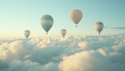 Fototapeta premium Hot Air Balloons Soaring Above Clouds: A Serene Aerial View of Peaceful Flight, Adventure in the Sky