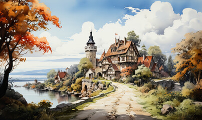 Obraz premium Scenic autumn landscape with historic castle. Generative AI