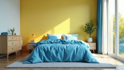 Serene Bedroom Design Featuring Light Wood Furniture and a Blue Duvet Against a Sunny Yellow Wall