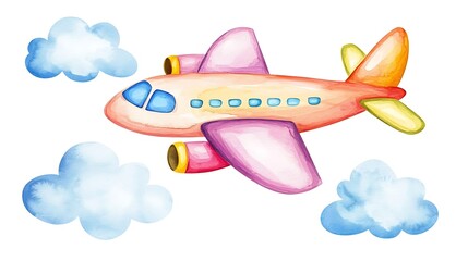 Watercolor Illustration of a Colorful Airplane Flying Among Clouds
