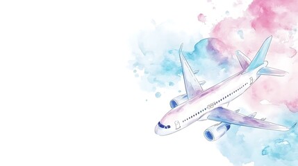 Watercolor Airplane in Flight - Travel and Journey Concept.