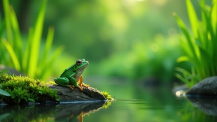 Serene Green Amphibian Perched on a Mossy Rock Beside a Calm Pond in a Lush, Verdant Environment