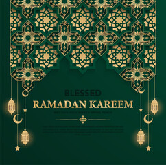 Ramadan Kareem gold ornamental geometric bohemian style greeting cards with Islamic pattern and decorative frame