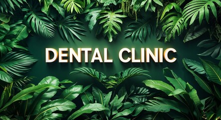 dental clinic lettering on jungle leaves background