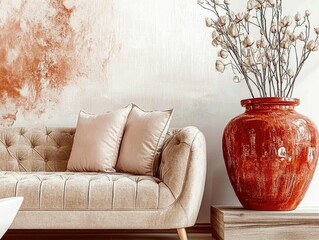 Modern neutral-toned couch beside a large glossy red vase with dried flowers, soft and elegant interior design.