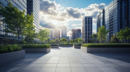 The outdoor square of the city has green plants and concrete planters, with high-rise buildings in the background. The wide-angle lens captures the entire scene, highlighting its modernity. Bright sun