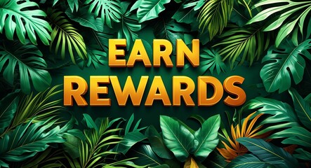 earn rewards lettering on jungle leaves background