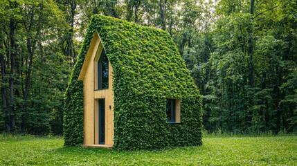 Modern Eco-Friendly House Covered in Lush Green Ivy in Forest Setting