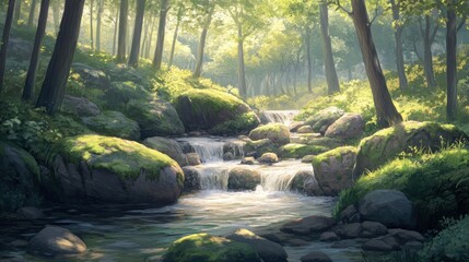 A beautiful forest scene featuring a small rocky stream