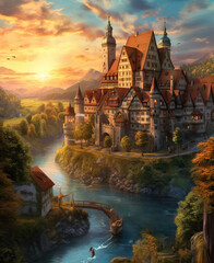 Obraz premium Majestic castle by the river at sunset. Generative AI