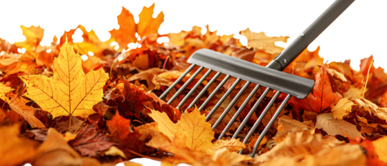 Autumn Leaves Raked into a Pile with Steel Rake on Colorful Leafy Ground in a Bright Outdoor Setting Capturing the Essence of Fall Season, transparent background