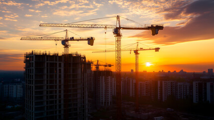 Construction site, cranes and multi-storey unfinished buildings at sunrise or sunset.