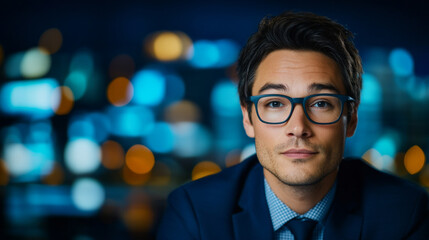 Obraz premium Portrait of a professional man wearing glasses and formal attire with a blurred cityscape background featuring vibrant blue bokeh lights creating a stylish and modern nighttime setting