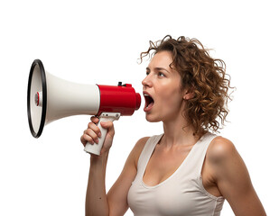woman shouting into megaphone on transparent background