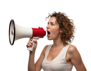 woman shouting into megaphone on transparent background