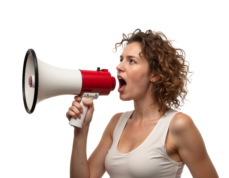 woman shouting into megaphone on transparent background - Powered by Adobe