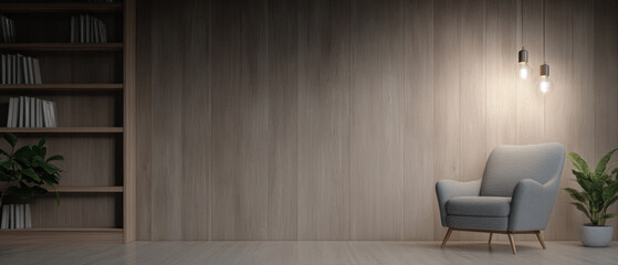 Cozy corner with modern armchair and warm lighting in a minimalist interior setting
