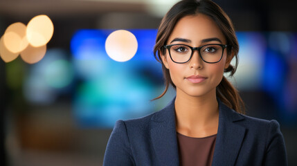 Confident Woman in Business Attire with Glasses Facing Camera, Blurred Background with Professional Context Lighting