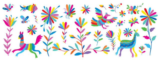 Mexican otomi embrodery elements. Colorful Mexican Traditional Textile Embroidery Style.