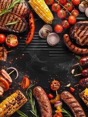 Grilled delights: assorted meats and vegetables on a smoky barbecue grill