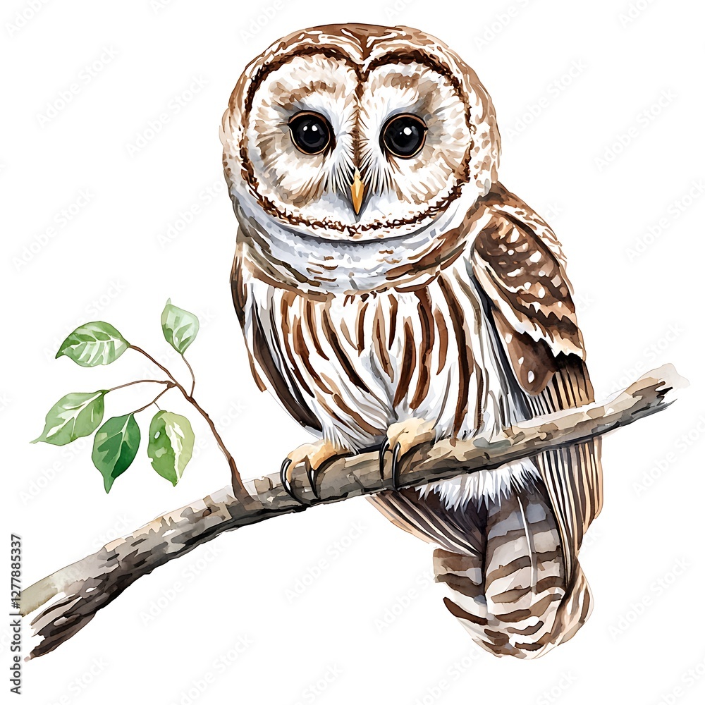 Canvas Prints Watercolor Painting of a Barred Owl Perched on a Branch