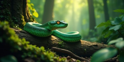 Emerald Serpent Resting on Forest Log in Sunlight's Embrace