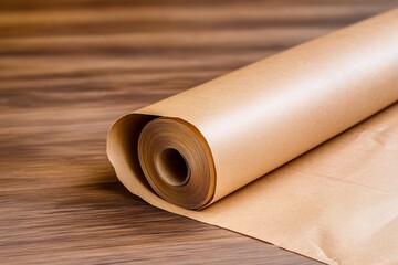 Kraft Paper Roll Unrolling on Wood Table for Packing, Shipping, Craft Projects