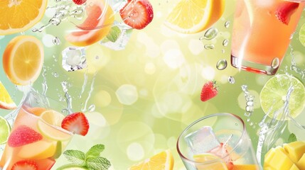 Vibrant citrus and berry infusions with ice and fresh mint on light background