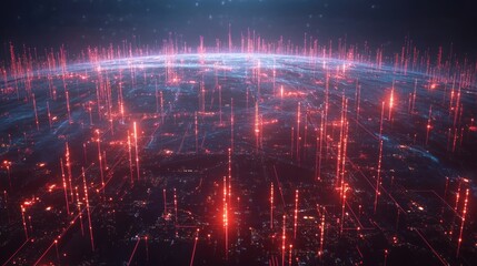 Fototapeta premium Globe with glowing red vertical lines emanating from its surface