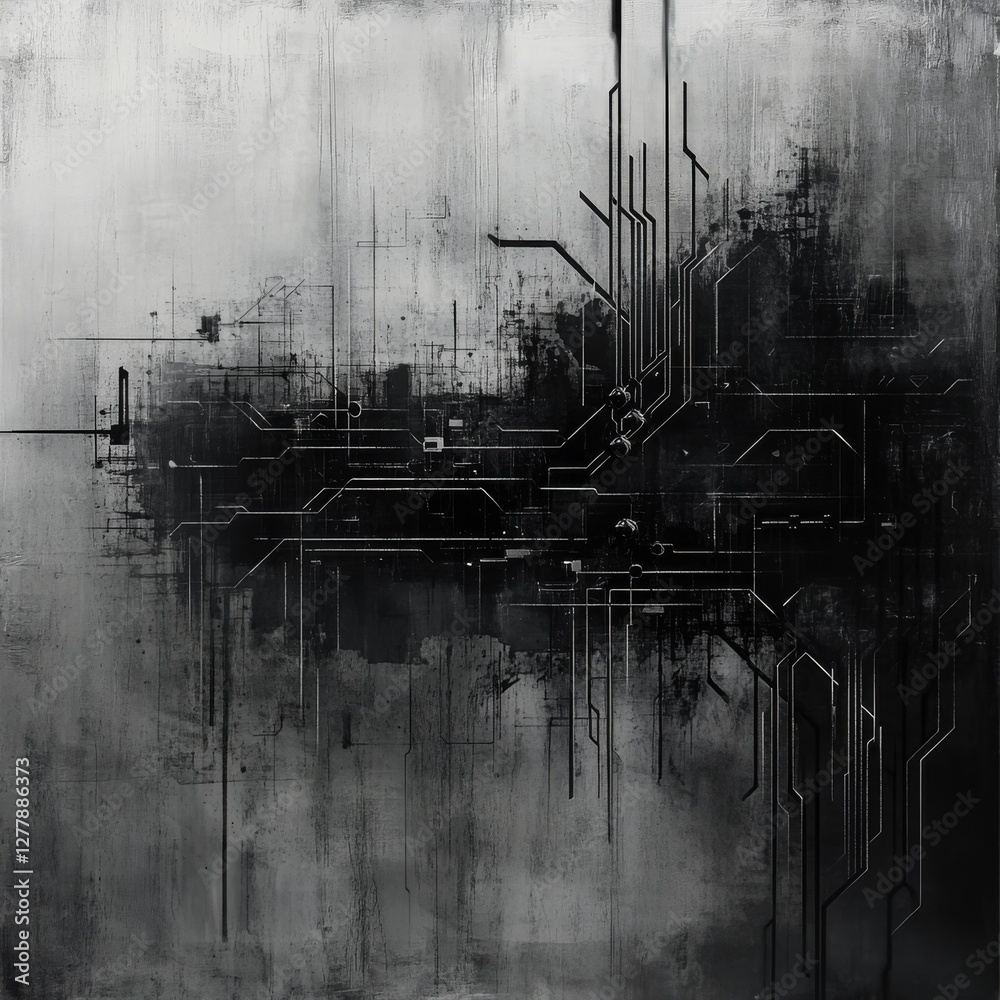 Fototapete Abstract Monochrome Circuitry: A High-Tech Grunge Background with Intricate Lines and Patterns