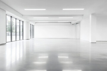 Fototapeta premium Empty modern interior space with large windows and polished concrete flooring during daylight hours
