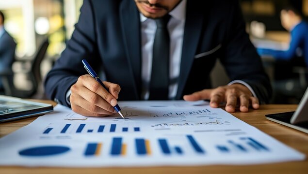 Analyzing Business Charts: Strategist Reviews Financial Data Meticulously in Office