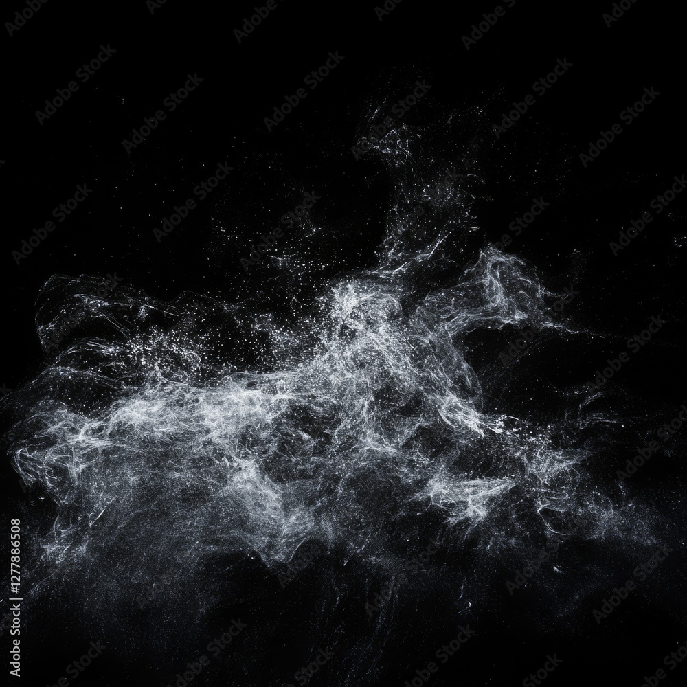 Poster Abstract White Particles Explosion on Black Background - A cosmic, ethereal display of floating dust.