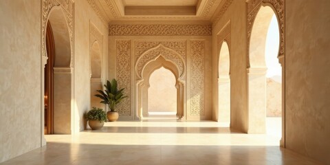 Obraz premium Sunlit Hallway with Intricate Architectural Details and Ornate Archways Featuring Potted Plants