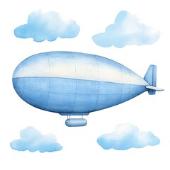 Watercolor Blue Airship with Clouds - Cute Cartoon Illustration.