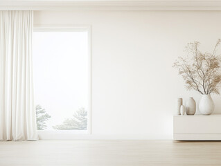 Modern minimalist interior featuring natural decor and large window with soft lighting