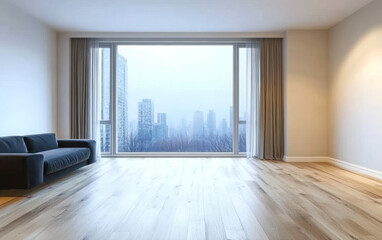 Fototapeta premium Modern living room with skyline view on a foggy day in an urban setting