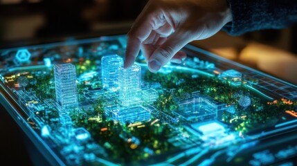 Finger interacts with futuristic city model displayed on screen