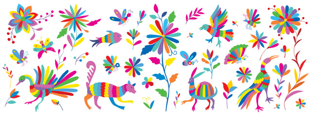 Colorful Mexican Traditional Textile Embroidery Style. Folk otomi style graphic, wallpaper. Festive mexican floral motif