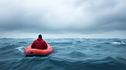 A lone figure in a red raft navigates the choppy ocean waters under a cloudy sky, evoking a sense of isolation and adventure.