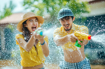 Obraz premium People joyfully splash water during Songkran Festival. The concept of festivity and Thai cultural tradition. Generative AI.