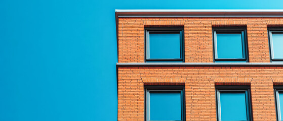 Bright blue sky contrasts with a modern brick building on a sunny day in a vibrant neighborhood