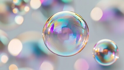 Iridescent soap bubbles float, bokeh background, studio shot, advertisement