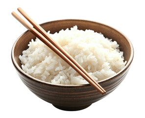 Delicious freshly cooked white rice in a bowl with chopsticks, isolated on transparent cutout background