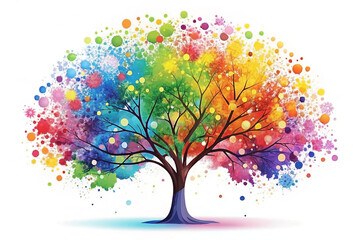 Colorful rainbow tree, vibrant paint splatters, white background, growth concept