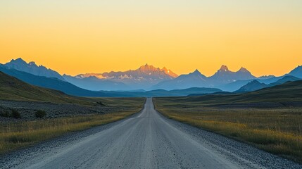 Fototapeta premium A gravel road leads towards mountains under a colorful sky