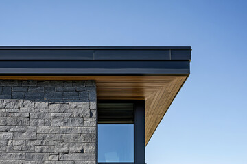 Modern architecture with a sleek design and natural materials in a clear sky setting